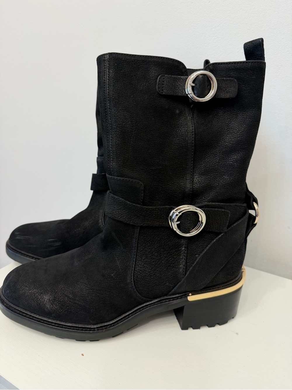 Vince Camuto Black Suede Buckle Boots with Gold and Silver accents